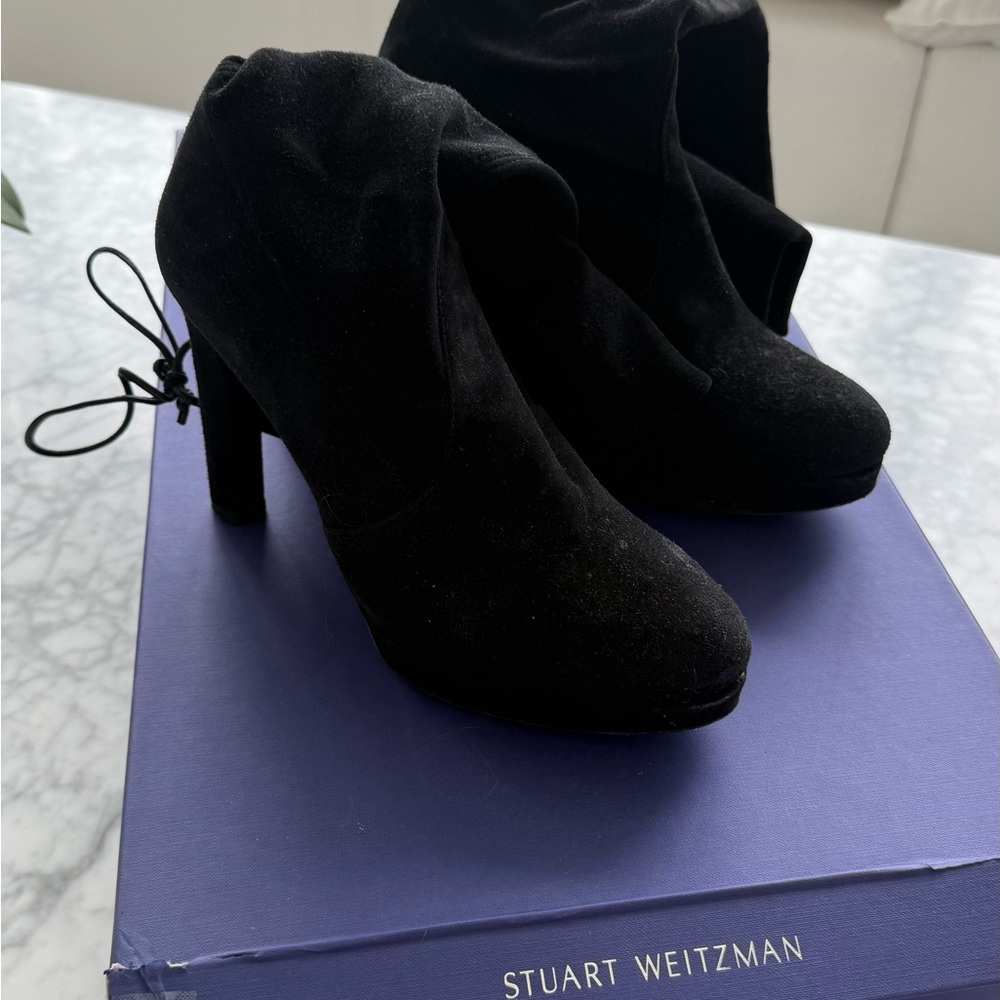 Stuart Weitzman Black Suede Ankle Booties with Block Heel